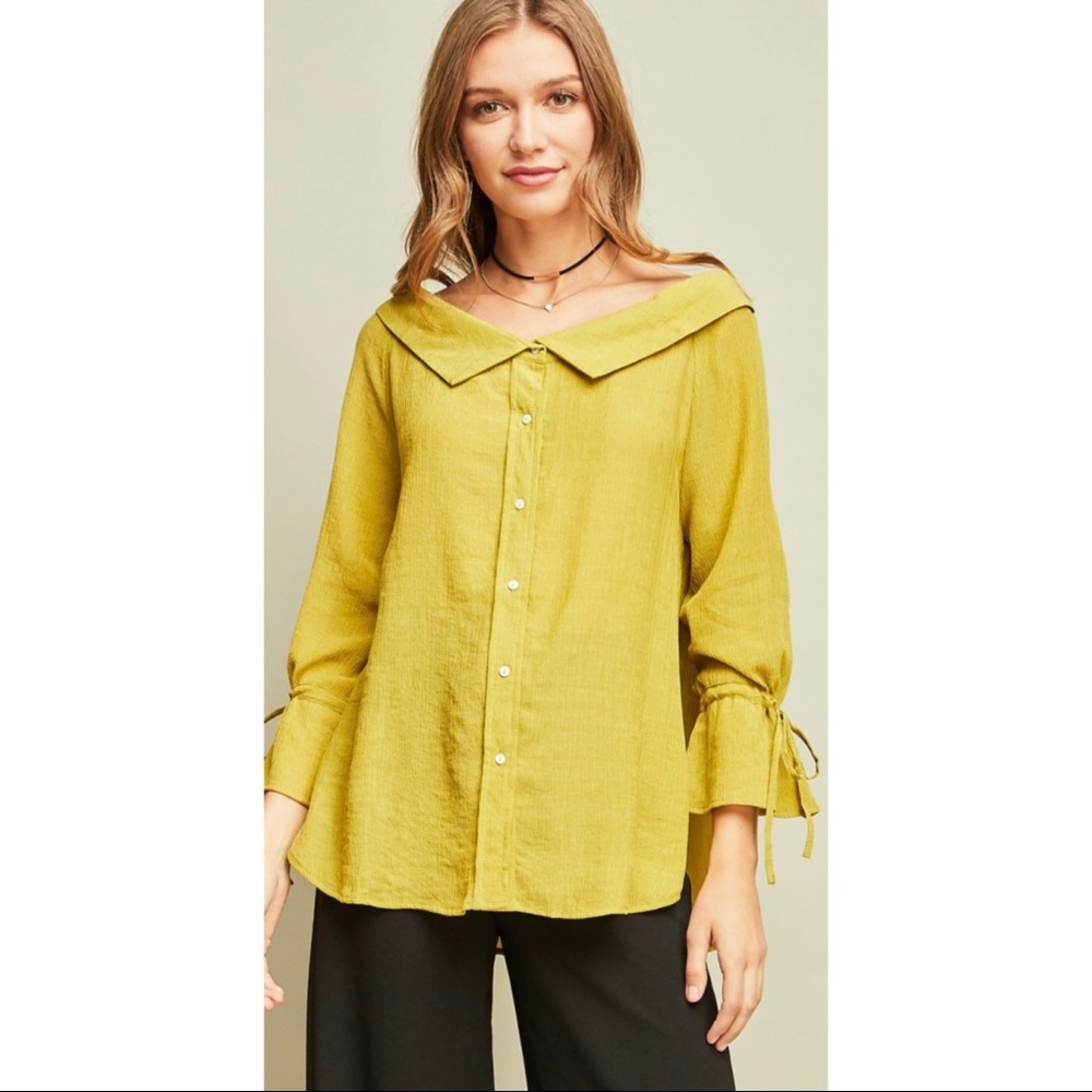 Crinkle Off The Shoulder Button Down Shirt - Picture 3 of 9